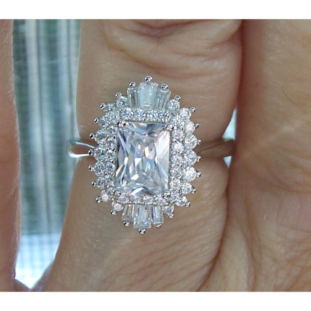 Antique Style Ring Radiant Cut CZ With Tapered Baguettes 925 Sterling Silver - Picture 13 of 16